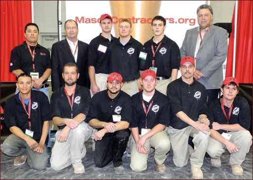 Back row (left to right): Moroni Mejia, Rhino Masonry Inc.; Mike Sutter, Sutter Masonry Inc.; Wriston McGee, McGee Brothers Inc. – Second Year, First Place; Darren Tobolt, Studer-Obringer Inc. – Third Year, First Place; Oliver Snyder – First Year, First Place; Mackie Bounds, Brazos Masonry Inc. – MCAA Past President  First row (left to right): Filiberto Granados, G&G Enterprises – Third Year, Third Place; Tom Webster, Masonry Arts Inc. – First Year, Second Place; Justin Proch, Leidal & Hart/Dixon Inc. – First Year, Third Place; Justin Johnson, WASCO, Inc. – Second Year, Third Place; Jeremy Casey, Foti Construction Inc. – Second Year, Second Place; Kristopher Boyd, Masonry Specialist Corp. – Third Year, Second Place