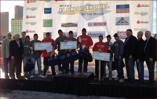 Shown are the winners of the Fastest Trowel on the Block competition, MCAA officers and industry sponsors.