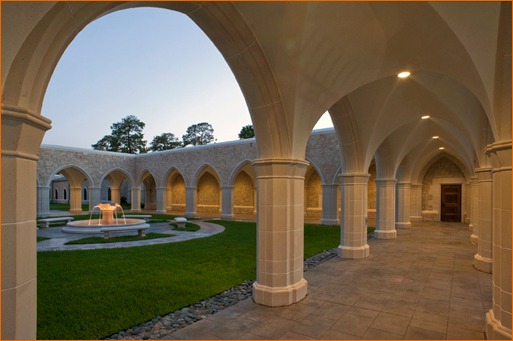 Column capitals, shafts, bases, arch mouldings and the fountain area all are made of Cast Stone.