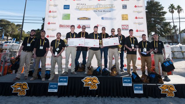 Standing with the officers of the MCAA is the first, second and third year place winners of the 2018 MCAA Masonry Skills Challenge